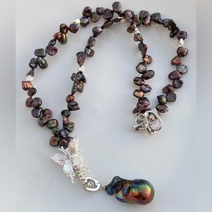N31-Handmade Peacock Color Petal Pearls Detachable Flameball Butterfly Necklace